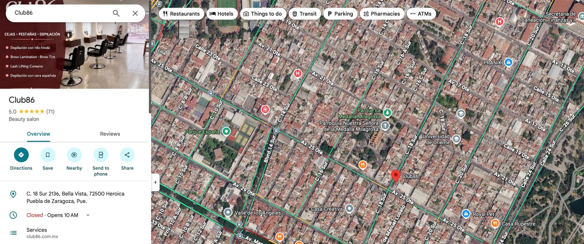 Perfil de Club 86 en Google Maps con calificación 5.0, 71 reseñas y su ubicación en Puebla