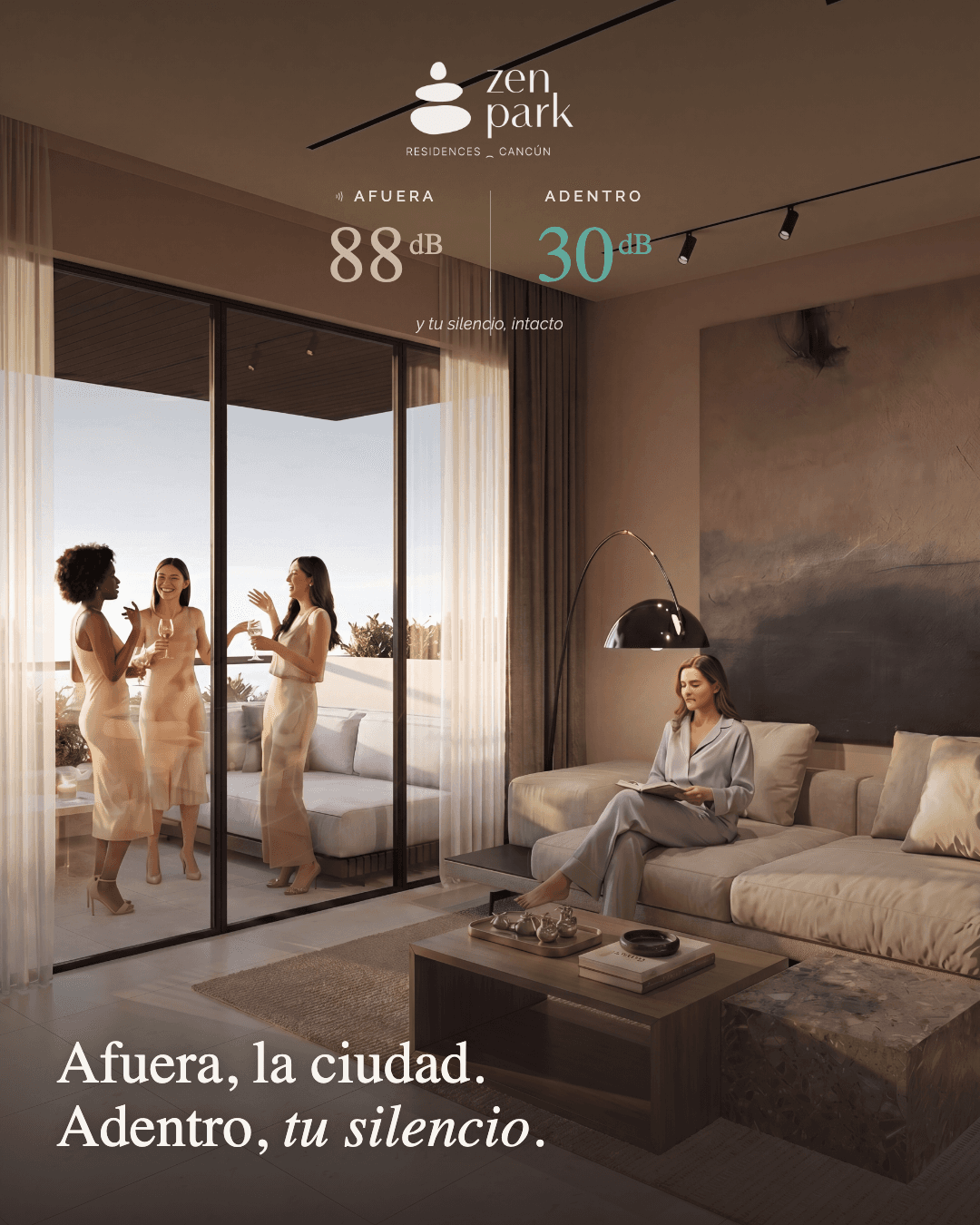Creatividad de campaña de Zen Park sobre confort acústico, con personas dentro de la residencia.