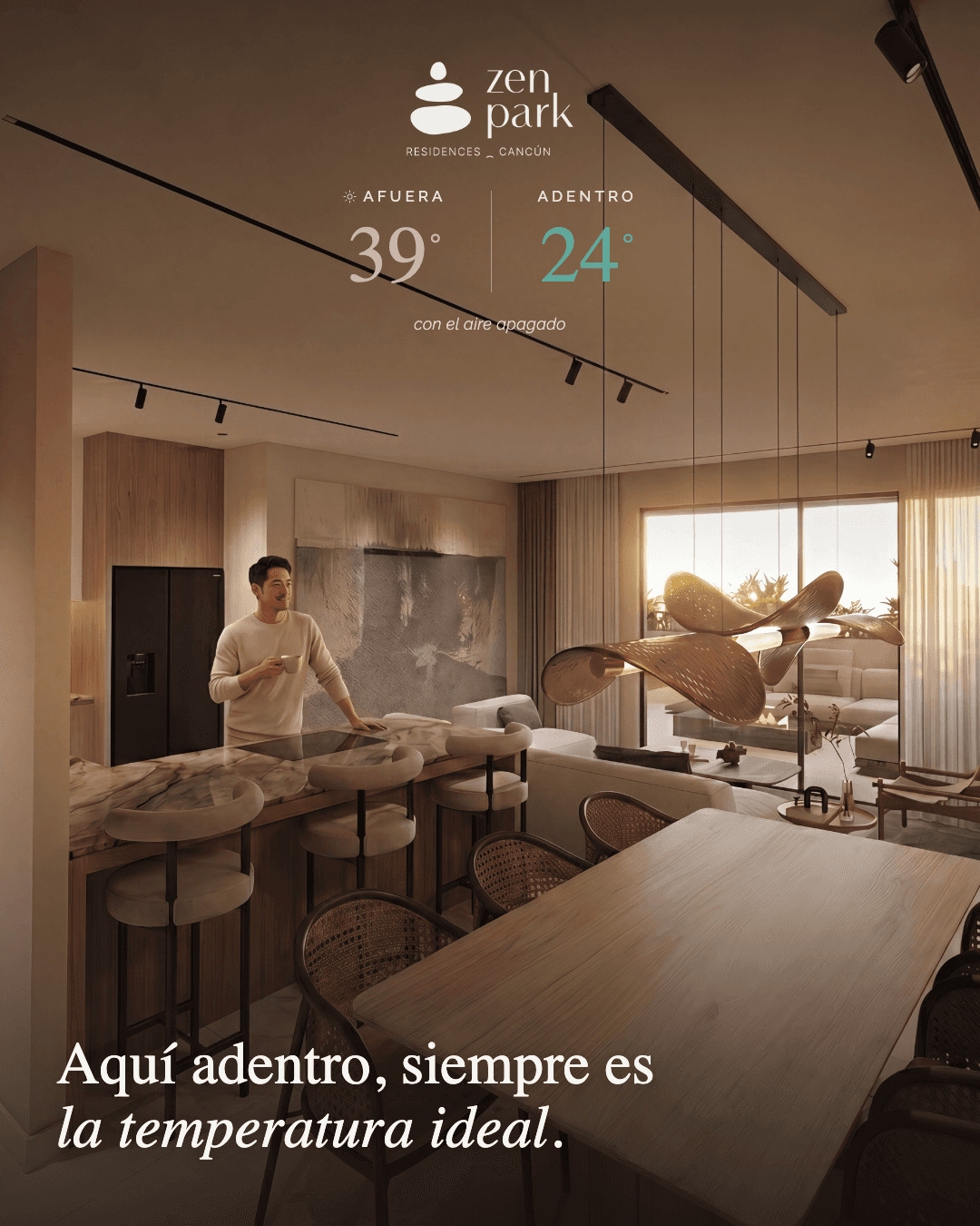 Creatividad de campaña de Zen Park sobre confort térmico, con una persona dentro de la residencia.