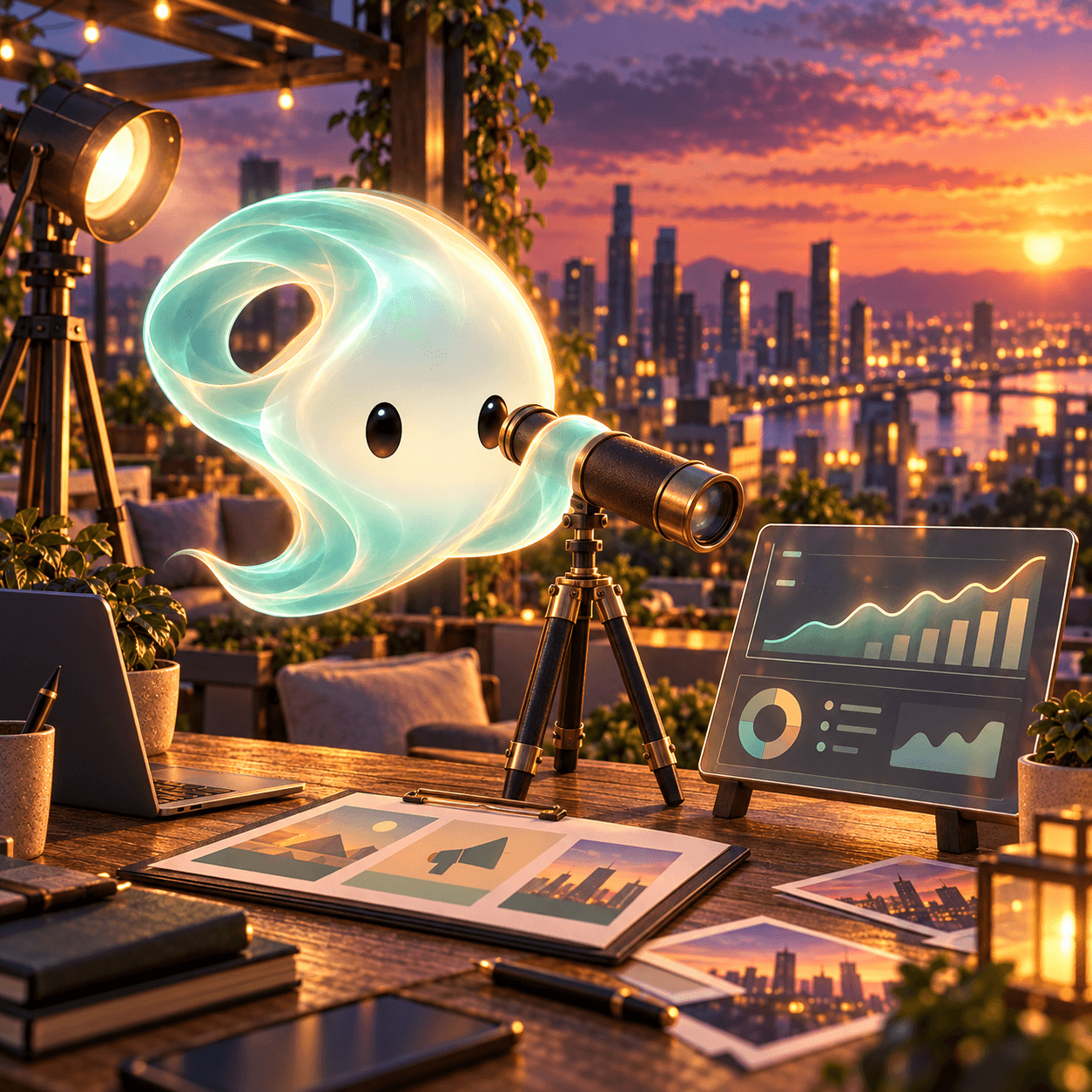 Zefi observa señales de campaña desde un estudio abierto sobre la ciudad al atardecer.